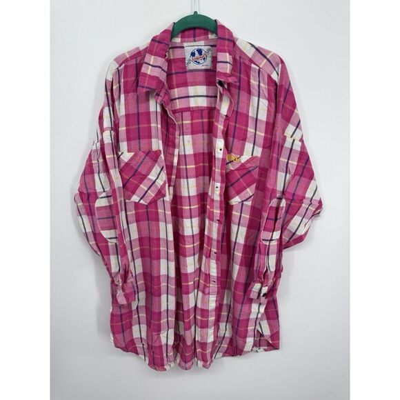 Bloomingdale's Tops - Vtg Bloomies Bloomingdale's Elbow Patch Flannel Night Shirt Pink Plaid OS